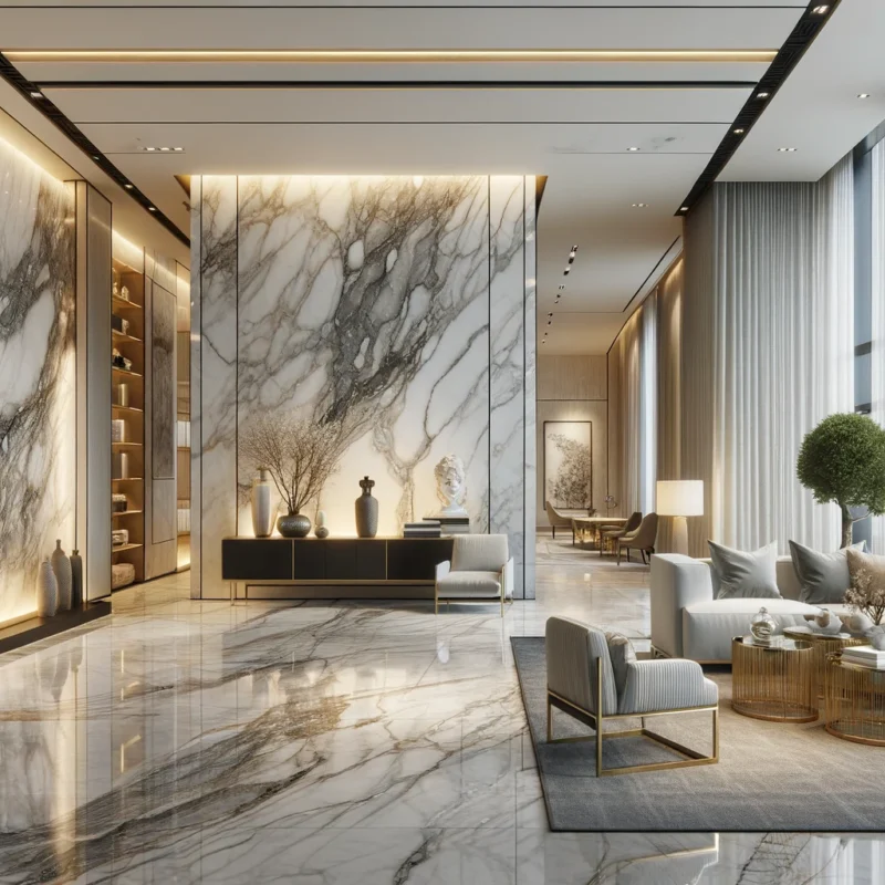 An elegant interior showcasing Calacatta marble The scene features a luxurious living room or lobby with Calacatta marble flooring and a statement wall made of the same material The marble has distinctive veini