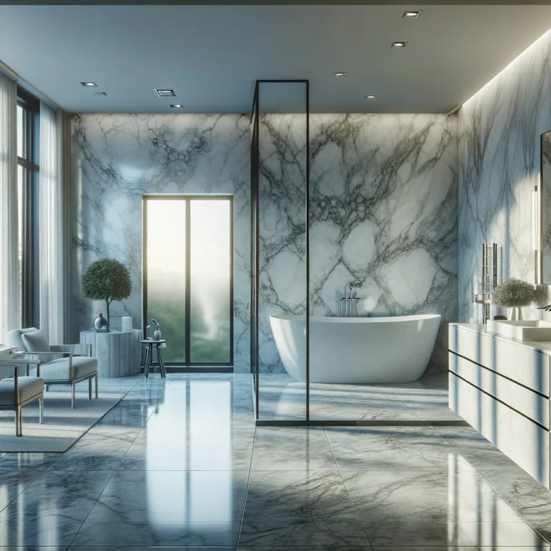 A sophisticated space highlighting Carrara marble The scene depicts a luxurious bathroom with Carrara marble walls and flooring This marble is known for its soft feathery grey veining on a white background prov