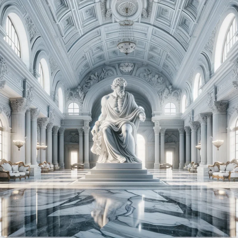 A grand hall showcasing Statuary marble The image features a spacious hall with walls and flooring made of Statuary marble known for its exceptional brightness and distinct bold veining In the center stands