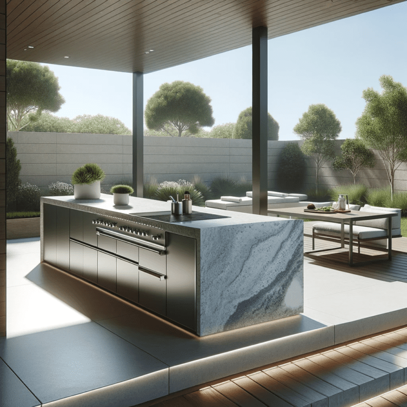 A modern outdoor kitchen showcasing a variety of countertop materials suitable for outdoor use. The scene is set in a spacious, minimalistic outdoor a