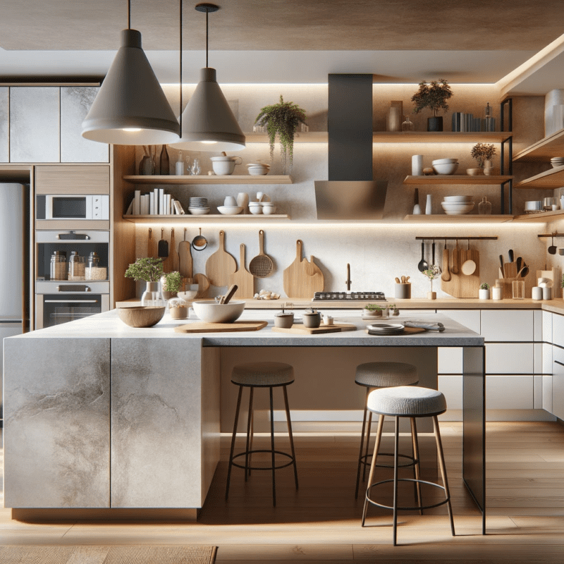 A practical and stylish kitchen featuring high-quality yet affordable surfaces. The kitchen showcases a variety of budget-friendly worktop materials