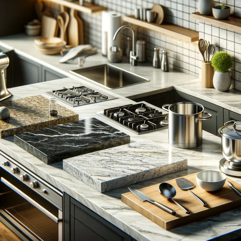 A modern kitchen scene for the guide on choosing the right kitchen worktop focusing on materials like polished granite sleek quartz and stainless steel excluding wood tops The image should depict these material