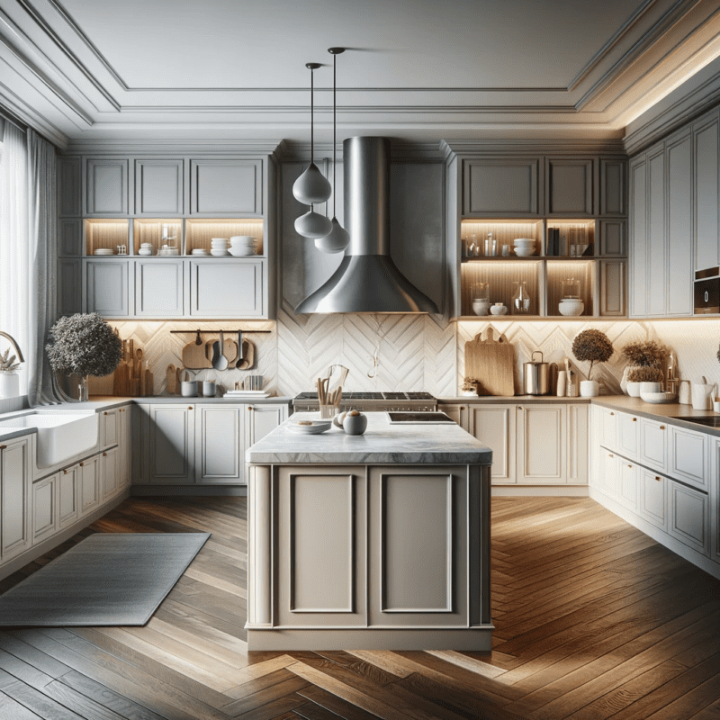 A kitchen design showcasing the art of harmoniously matching worktops with cabinetry. The image should illustrate a well-coordinated kitchen with work