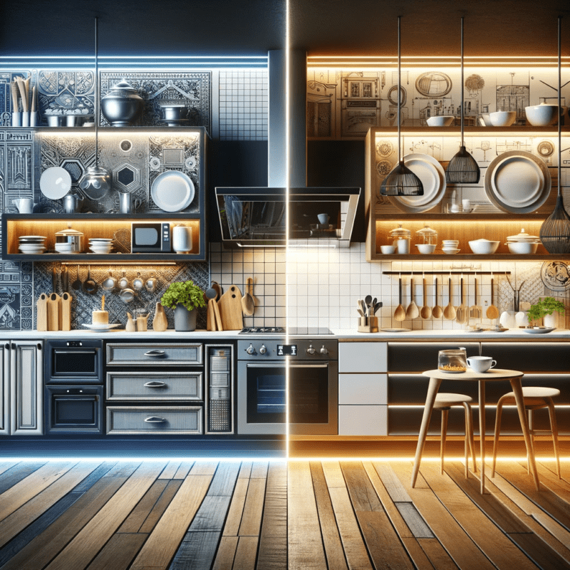 A visually engaging and modern kitchen scene illustrating the evolution of kitchen design, contrasting past and future trends.