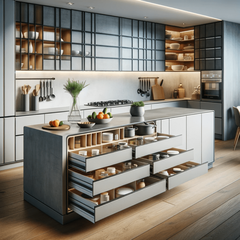 A modern kitchen featuring innovative storage solutions integrated into the worktops, displaying a blend of functionality and style. The kitchen shoul
