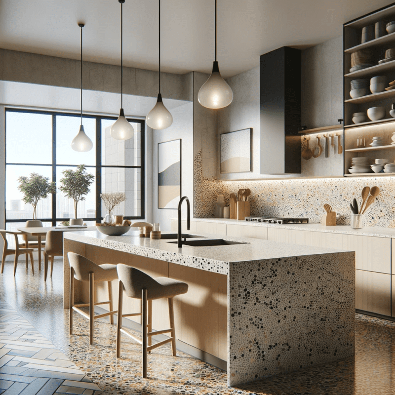 A modern kitchen showcasing the revival of terrazzo in its design. The image should depict a stylish and contemporary kitchen setting, emphasizing