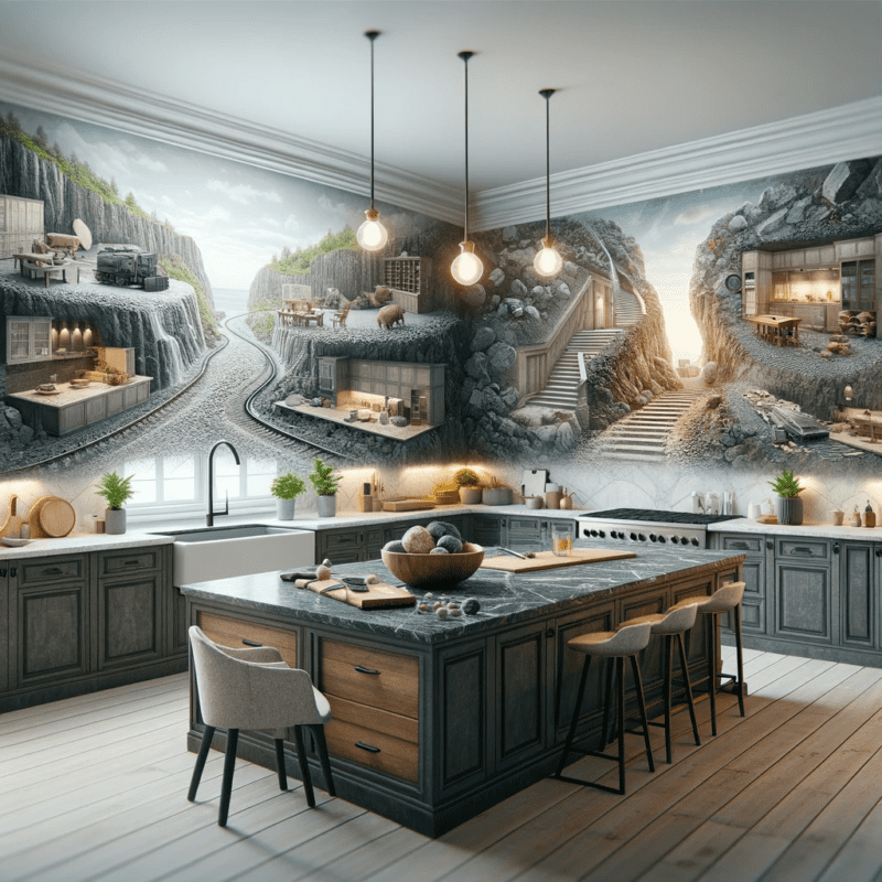 A kitchen showcasing the journey of granite from quarry to kitchen worktop. The image should visually narrate the process of granite being extracted,