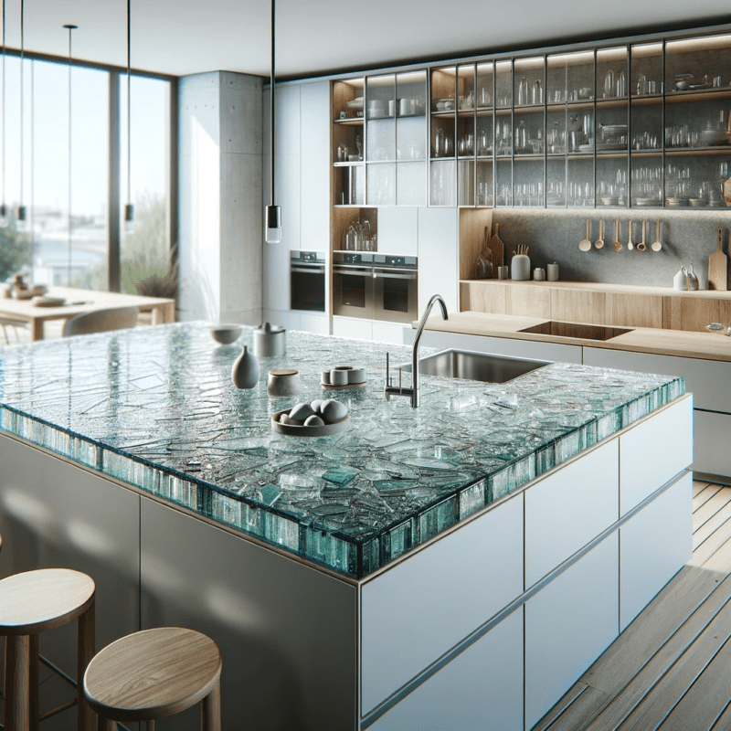 A contemporary kitchen showcasing recycled glass countertops, with a focus on the countertops made from plain glass. The kitchen design should reflect