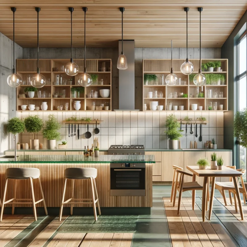 An ecofriendly sustainable kitchen design The kitchen features materials that are environmentally friendly and sustainable such as bamboo cabinetry recycled glass countertops and cork flooring The design is mod.